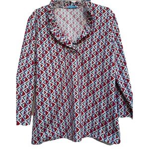J. MCLAUGHLIN Women's  M Red White Blue Print 3/4‎ Sleeve Ruffled  Stretch Top